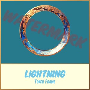 Puede incluir: Un marco circular dorado y azul con un diseño de rayo. El marco está etiquetado como "Lightning Token Frame".