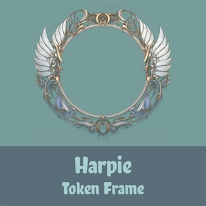 May include: A decorative frame with a gold and silver finish, featuring a circular design with wings on either side. The frame has a blue and white colour scheme and says "Harpy Token Frame" at the bottom.