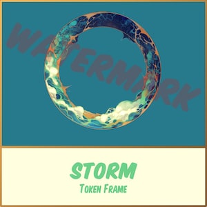 May include: A blue and gold token frame with a swirling, wave-like design. The frame has the word "STORM" written in green text below it and the words "TOKEN FRAME" in smaller green text below that.
