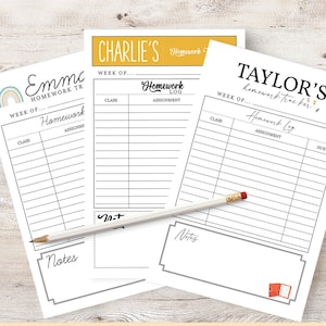 May include: Three personalized homework tracker sheets with the names "Emma", "Charlie's", and "Taylor's" printed on them. Each sheet has a section for class and assignment details. A pencil rests across the sheets.