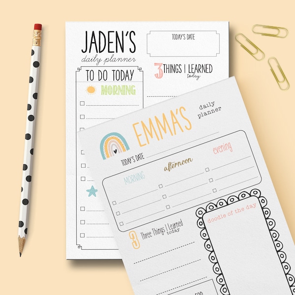 Kids Daily Planner, Personalized, Notepad, Organization, School, Homeschool