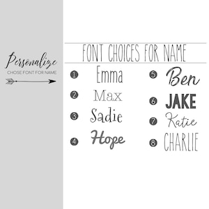 May include: A chart with eight font choices for a name. The font choices are numbered 1 through 8. The names are Emma, Max, Sadie, Hope, Ben, JAKE, Katie, and CHARLIE.