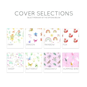 K&ouml;nnte beinhalten: Ein Raster aus acht quadratischen Mustern mit der &Uuml;berschrift COVER SELECTIONS. Die Designs zeigen Aquarellillustrationen von Feen, Drachen, Regenb&ouml;gen, F&uuml;chsen, Schafen, Schmetterlingen, Libellen und Kolibris auf wei&szlig;em oder hellrosa Grund.