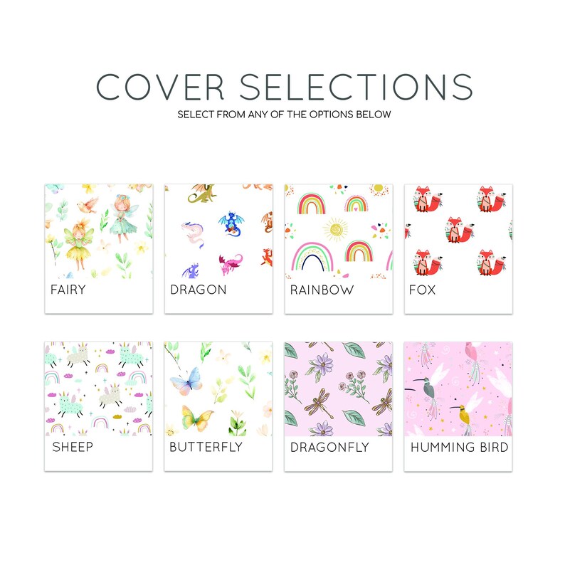 K&ouml;nnte beinhalten: Ein Raster aus acht quadratischen Mustern mit der &Uuml;berschrift COVER SELECTIONS. Die Designs zeigen Aquarellillustrationen von Feen, Drachen, Regenb&ouml;gen, F&uuml;chsen, Schafen, Schmetterlingen, Libellen und Kolibris auf wei&szlig;em oder hellrosa Grund.