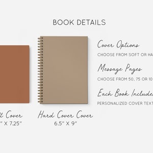 May include: Two spiral bound notebooks, one with a brown cover and one with a tan cover. The text "BOOK DETAILS" is at the top of the image. The text "Soft Cover 5.5" x 7.25" is below the brown notebook. The text "Hard Cover Cover 6.5" x 9" is below the tan notebook. The text "Cover Options CHOOSE FROM SOFT OR HARD COVER" is on the right side of the image. The text "Message Pages CHOOSE FROM 50, 75 OR 100 PAGES" is below the "Cover Options" text. The text "Each Book Includes PERSONALIZED COVER TEXT" is below the "Message Pages" text.