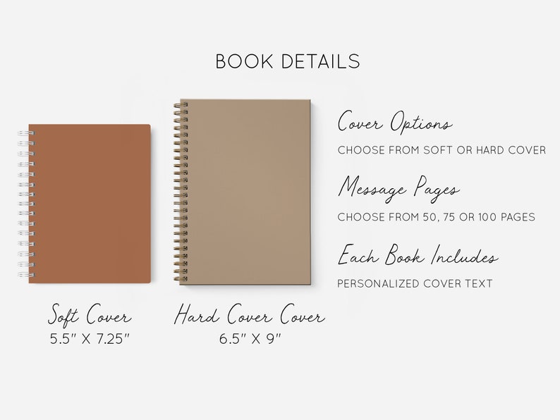 May include: Two spiral bound notebooks, one with a brown cover and one with a tan cover. The text "BOOK DETAILS" is at the top of the image. The text "Soft Cover 5.5" x 7.25" is below the brown notebook. The text "Hard Cover Cover 6.5" x 9" is below the tan notebook. The text "Cover Options CHOOSE FROM SOFT OR HARD COVER" is on the right side of the image. The text "Message Pages CHOOSE FROM 50, 75 OR 100 PAGES" is below the "Cover Options" text. The text "Each Book Includes PERSONALIZED COVER TEXT" is below the "Message Pages" text.