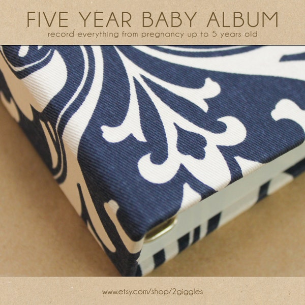 Baby Book (Pregnancy - 5 years) - Navy Damask (136 designed journaling pages & personalization with every album)