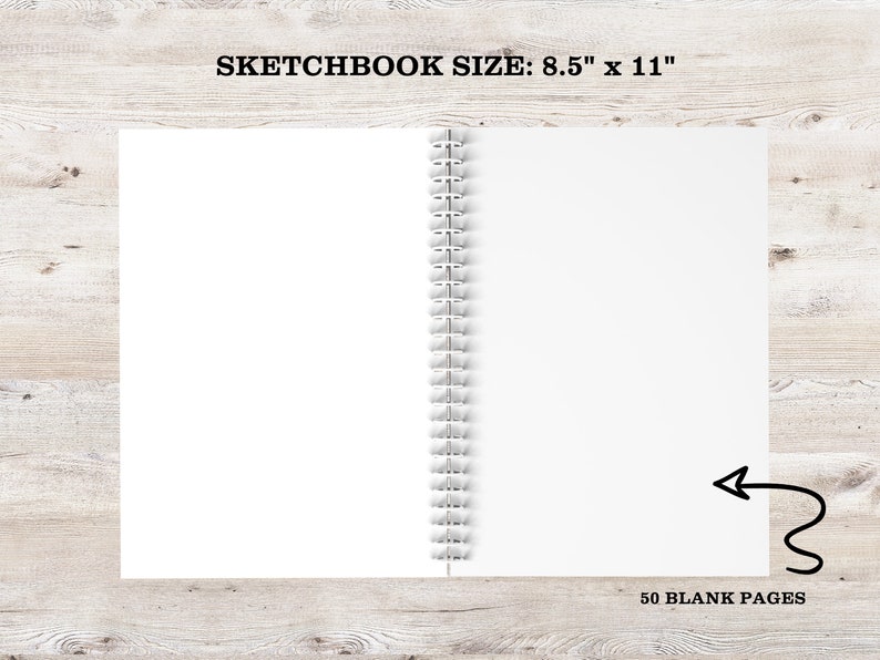 May include: A white sketchbook with a black spiral binding. The sketchbook is 8.5 inches by 11 inches and has 50 blank pages.