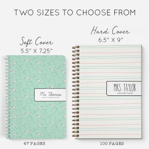 May include: Two different sizes of spiral bound notebooks. The smaller notebook is 5.5 inches by 7.25 inches and has a light green cover with a pattern of paper aeroplanes. The larger notebook is 6.5 inches by 9 inches and has a white cover with green and red lines. The smaller notebook has 47 pages and the larger notebook has 100 pages.