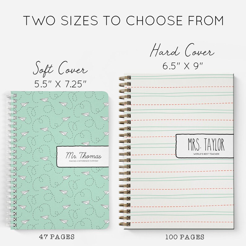 May include: Two different sizes of spiral bound notebooks. The smaller notebook is 5.5 inches by 7.25 inches and has a light green cover with a pattern of paper aeroplanes. The larger notebook is 6.5 inches by 9 inches and has a white cover with green and red lines. The smaller notebook has 47 pages and the larger notebook has 100 pages.
