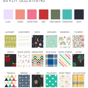 May include: A chart showing various colour and pattern options for a cover. The colours are lilac, coral, candy pink, red, tree green, turquoise, and navy. The patterns include alphabet, lined paper, space, aeroplanes, rainbows, flowers, apples, music notes, arrow print, blue plaid, pastel stripes, globe, triangle, arrows, art, polka dot, heart trees, and yellow plaid.