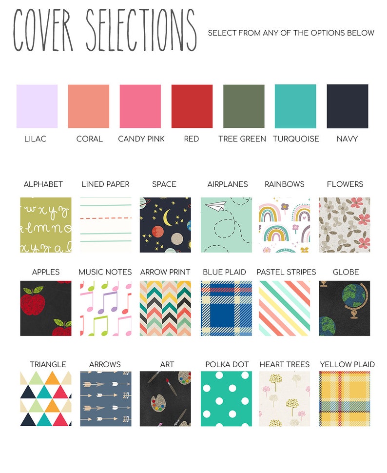 May include: A chart showing various colour and pattern options for a cover. The colours are lilac, coral, candy pink, red, tree green, turquoise, and navy. The patterns include alphabet, lined paper, space, aeroplanes, rainbows, flowers, apples, music notes, arrow print, blue plaid, pastel stripes, globe, triangle, arrows, art, polka dot, heart trees, and yellow plaid.