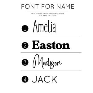 K&ouml;nnte beinhalten: Eine wei&szlig;e &Uuml;bersicht mit vier Schriftarten f&uuml;r einen Namen auf einem Einband. Der Text lautet FONT FOR NAME und SELECT FROM ANY OF THE FONTS BELOW FOR NAME ON COVER. Die nummerierte Liste enth&auml;lt die Namen Amelia, Easton, Madison und JACK.