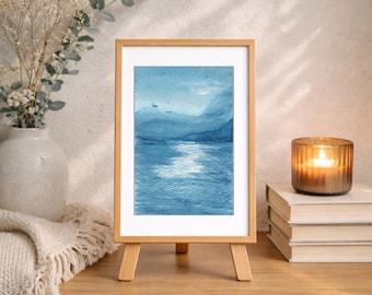 Mare di notte ad acquerello 10x15 cm, cartoncino originale ad acquerello con luna, cartoncino ad acquerello con oceano, paesaggio marino blu, dipinto originale