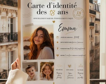 Personalized 18th birthday poster for women with photos, 18th birthday ID card poster, personalized birthday gift, gift idea for an 18-year-old girl