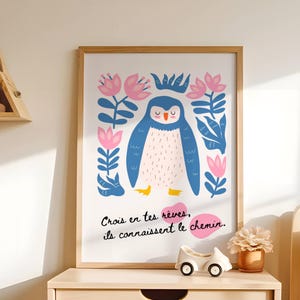 Affiche d'art mural chambre fille, illustration animaux roses pour décoration chambre bébé, idée cadeau naissance & baptême, art imprimable