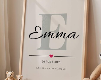 Presente de nascimento personalizado, pôster de nascimento personalizado, pôster de nascimento de bebê, decoração de parede de quarto de bebê, presente de lembrança de bebê