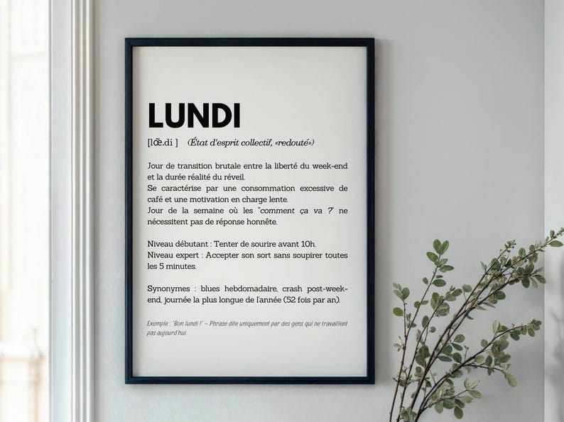 May include: A black and white poster with the French word "Lundi" (meaning Monday) defined in a humorous way. The poster describes Monday as a "dreaded collective state of mind" and a "brutal transition" from the weekend. It also includes synonyms for Monday, such as "blues" and "crash".