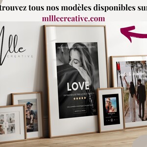 May include: A collection of framed prints with various designs, including a black and white photo of a couple embracing, a poster with the word "LOVE" in large letters, a photo of a couple walking in a forest, and a photo of a couple on a beach. The frames are all wooden and have a natural finish.