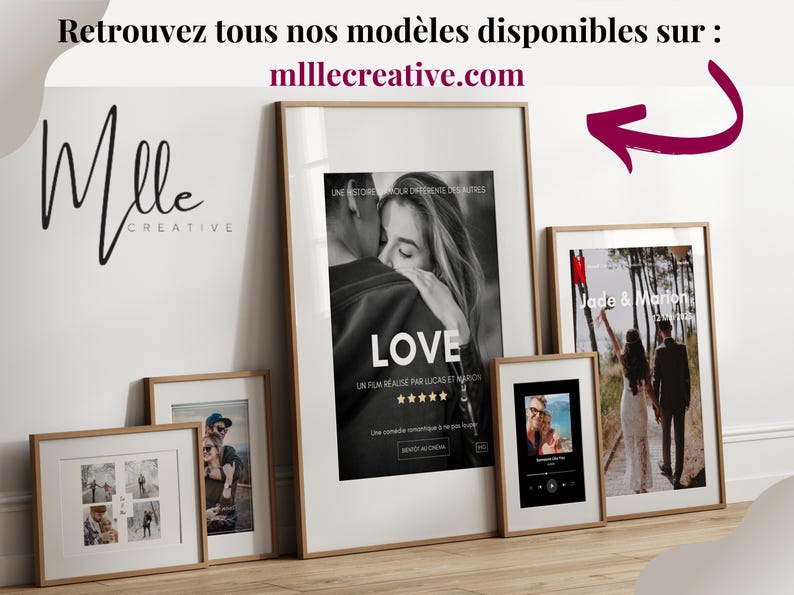 May include: A collection of framed prints with various designs, including a black and white photo of a couple embracing, a poster with the word "LOVE" in large letters, a photo of a couple walking in a forest, and a photo of a couple on a beach. The frames are all wooden and have a natural finish.