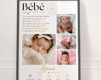 Personalized birth announcement poster with photos – Baby shower gift – Baby name poster – Personalized birth announcement poster for a girl or boy