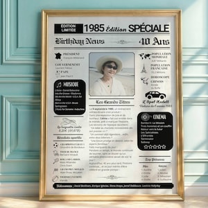 Póster de 40 cumpleaños, póster de cumpleaños personalizado de 1985 con foto y texto, diario del año, idea de regalo personalizada para hombres y mujeres,