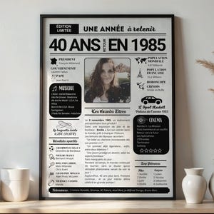 Póster de 40 cumpleaños, póster de cumpleaños personalizado de 1985 con foto y texto, diario del año, idea de regalo personalizada para hombres y mujeres,