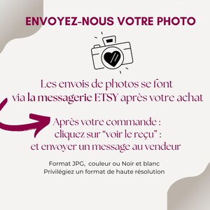May include: A graphic with a camera icon and text in French that says "ENVOYEZ-NOUS VOTRE PHOTO" and "Les envois de photos se font via la messagerie ETSY apr&egrave;s votre achat."  The graphic also includes instructions on how to send a photo after placing an order: "Apr&egrave;s votre commande: cliquez sur "voir le re&ccedil;u": et envoyer un message au vendeur."  The graphic also includes the following information: "Format JPG, couleur ou Noir et blanc. Privil&eacute;giez un format de haute r&eacute;solution."