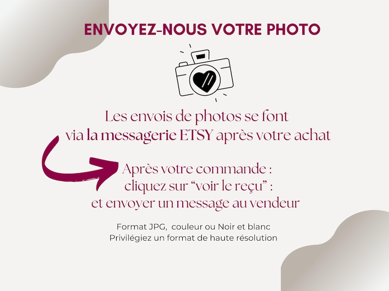 May include: A graphic with a camera icon and text in French that says "ENVOYEZ-NOUS VOTRE PHOTO" and "Les envois de photos se font via la messagerie ETSY apr&egrave;s votre achat."  The graphic also includes instructions on how to send a photo after placing an order: "Apr&egrave;s votre commande: cliquez sur "voir le re&ccedil;u": et envoyer un message au vendeur."  The graphic also includes the following information: "Format JPG, couleur ou Noir et blanc. Privil&eacute;giez un format de haute r&eacute;solution."