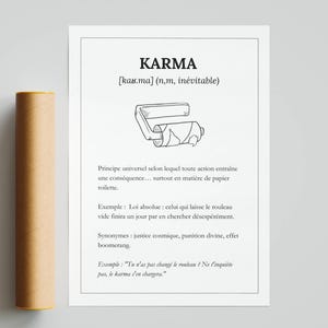 Affiche karma toilette, Déco insolite maison, Poster rigolo salle de bain, Affiche citation drôle, Idée cadeau crémaillère, Affiche rigolote WC, Cadeau original maison,