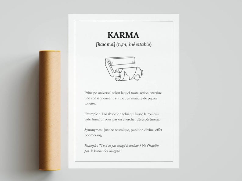 Affiche karma toilette, Déco insolite maison, Poster rigolo salle de bain, Affiche citation drôle, Idée cadeau crémaillère, Affiche rigolote WC, Cadeau original maison,