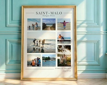 Personalized holiday souvenir poster, Family & friends photo montage, Wall decoration with names, date and place, Original travel gift