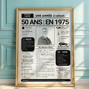 Cadeau  Anniversaire 50 ans Personnalisée, Affiche Personnalisée Anniversaire, Journal de Naissance  1975, Idée Cadeau 50 ans Homme Femme