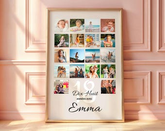 Affiche 18 Ans Personnalisée avec Photos, Cadeau Anniversaire 18 Ans Fille & Garçon, Poster Souvenirs 18 Ans Déco Anniversaire Personnalisée