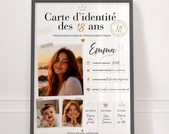 Personalized 18th birthday gift for women with photos – 18th birthday ID card poster – Personalized birthday poster – Gift idea for an 18-year-old girl