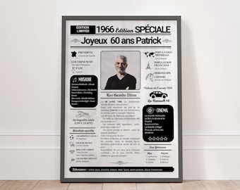 Personalized 60th birthday poster with photo, newspaper from 1966, Back to 1966, retro birthday gift, 60th birthday gift idea for men and women