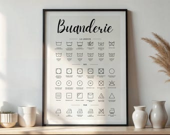 Può includere: Un poster incorniciato con simboli di lavanderia neri su sfondo bianco. La parola "Buanderie" è in alto in corsivo. Sotto, simboli di lavaggio, asciugatura e stiratura.