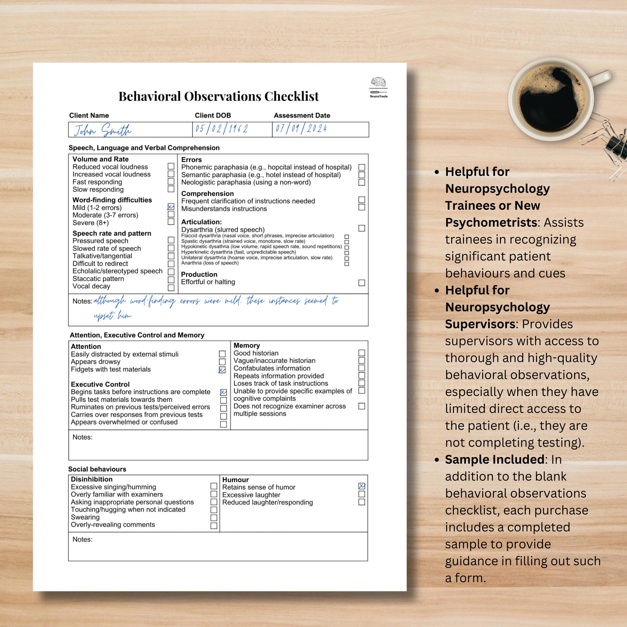 Testing Observations Patient Observation Form, Behavioral Observations Checklist for ...