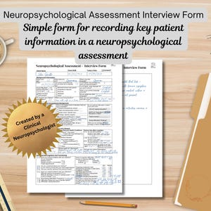 Könnte beinhalten: Ein neuropsychologisches Beurteilungs-Interviewformular mit dem Titel "Neuropsychological Assessment Interview Form" und "Simple form for recording key patient information in a neuropsychological assessment". Das Formular ist in zwei Abschnitte unterteilt: "Neuropsychological Assessment" und "Interview Form".