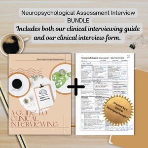Peut inclure: Un guide pour les entrevues cliniques avec un formulaire d'entrevue d'évaluation neuropsychologique. Le guide est un livret rose et blanc avec un graphique de cerveau et le texte "A Guide to Clinical Interviewing". Le formulaire est une feuille blanche avec un exemple rempli du formulaire. Le formulaire est intitulé "Évaluation neuropsychologique - Formulaire d'entrevue".
