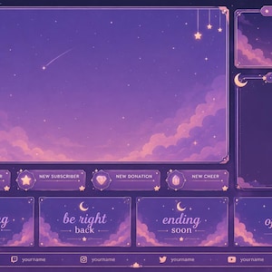 May include: A purple streaming overlay set featuring a night sky theme with clouds, stars, and a crescent moon. Includes frames for camera and chat, notification bars for followers, subscribers, donations, and cheers, plus status screens and social media handles.
