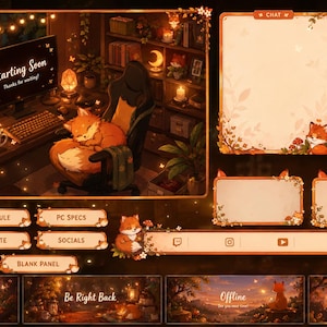 May include: A digital streaming overlay set featuring a cozy fox theme with warm orange and brown tones. Includes a Starting Soon screen, chat box, notification panels, social media bars, and status screens with text like Starting Soon and Offline.