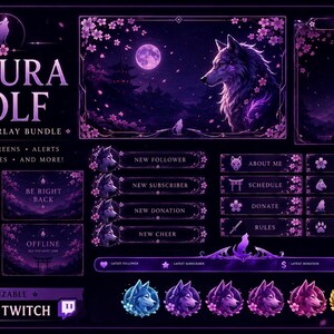Puede incluir: Un paquete de superposición de transmisión de arte digital con un tema morado y negro. El diseño presenta un lobo, flores de cerezo y el texto "Sakura Wolf". Incluye superposiciones, pantallas, alertas, paneles y insignias.