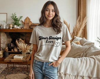 Bella Canvas 3001 Inspired Heather Gray T-Shirt Mockup | Grey Tee Mockup for Etsy Sellers | Neutral Apparel Display PNG