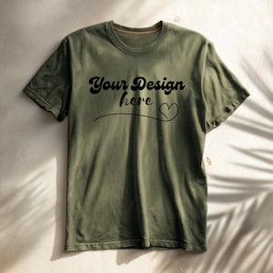 Puede incluir: Camiseta verde oliva con el texto "Your Design here" en negro, en fuente cursiva, con un símbolo de corazón. La camiseta es de cuello redondo y parece estar hecha de un material suave.