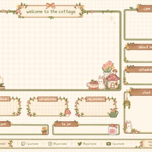 May include: A digital streaming overlay set featuring a cream-colored grid background with wood-textured frames and floral accents. It includes labels for cam, about me, schedule, chat, new follower, subscriber, donation, goal, and tip jar.