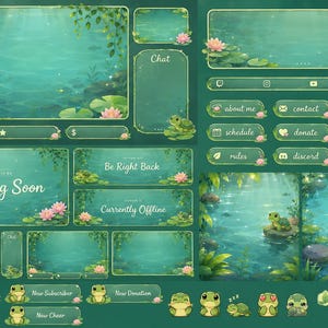 May include: A digital streaming overlay set featuring a pond theme with green water, lily pads, pink lotus flowers, and small cartoon turtles. Includes various frames, buttons with text like Starting Soon, Be Right Back, and social media icons.