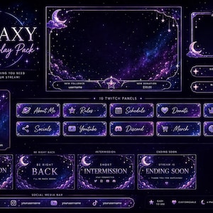 May include: A digital Galaxy Twitch overlay pack with a cosmic theme. Includes a stream overlay, webcam frame, alerts, panels, and screens. Features a dark purple and blue color scheme with stars, moons, and nebula designs. Includes social media bar and customizable elements.