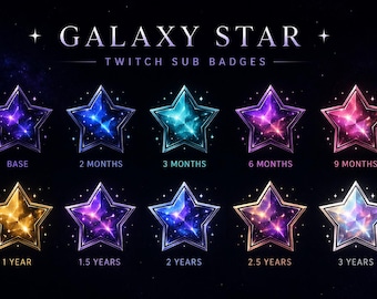 May include: A collection of eleven star-shaped Twitch sub badges with a galaxy theme. Each badge is a different color, including purple, blue, green, pink, and gold, and represents a different subscription duration, from "Base" to "3 Years". The text "GALAXY STAR" and "TWITCH SUB BADGES" are at the top.