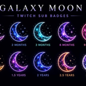 May include: A set of ten digital crescent moon icons labelled GALAXY MOON TWITCH SUB BADGES. Each moon features a unique glowing nebula pattern in colours including purple, blue, cyan, pink, and gold, with small white stars against a black background.